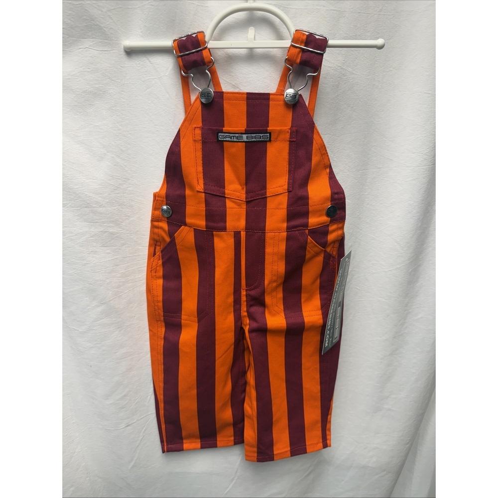 NWT Game Bibs Infant 6m Striped Overalls Virginia Tech Maroon and Orange Hokies
